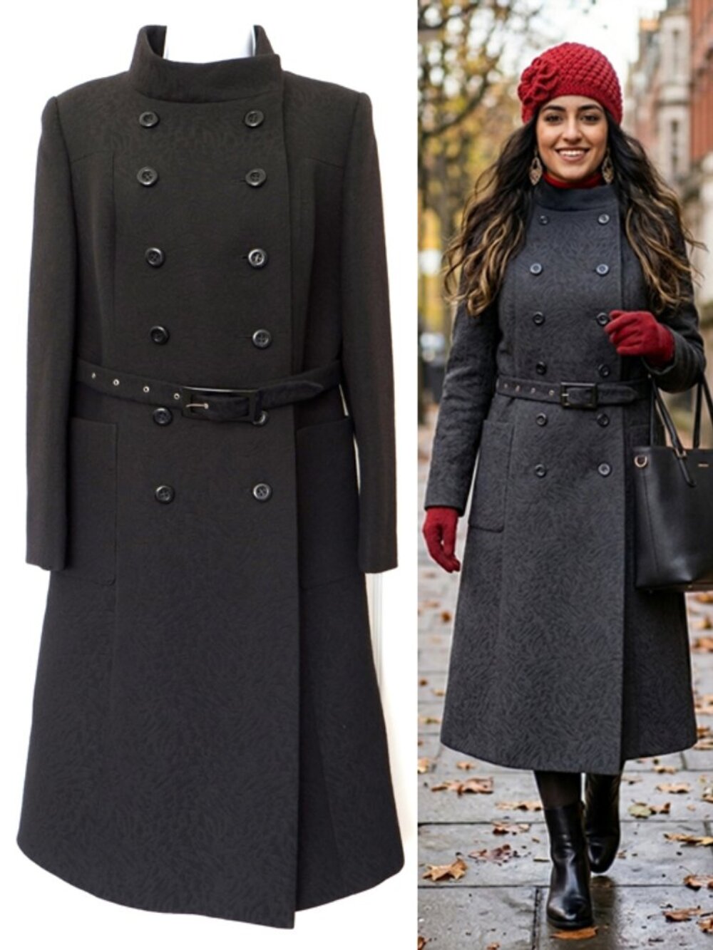 AS-NEW vintage 1960s Mod black jacquard double breasted stand collar midi coat